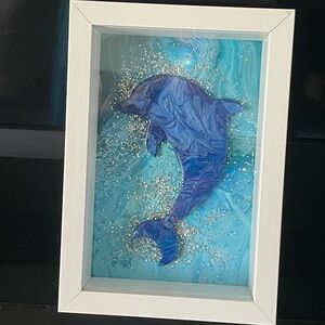 Blue Dolphin Art in White Frame